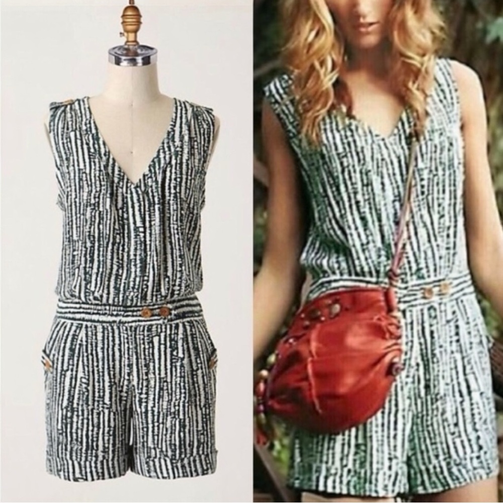 SOLD OUT! ANTHROPOLOGIE ETT TWA GREEN & WHITE STRIPED ROMPER CUTE BUTTON DETAIL!